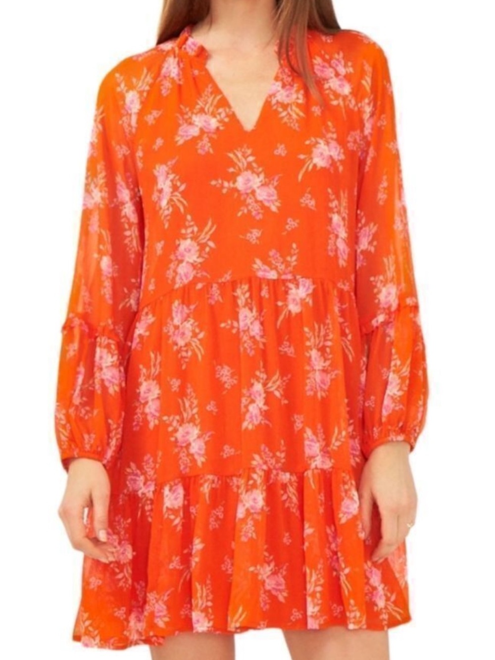 Vince Camino Orange Pink Floral Tiered Dress (Size: M)